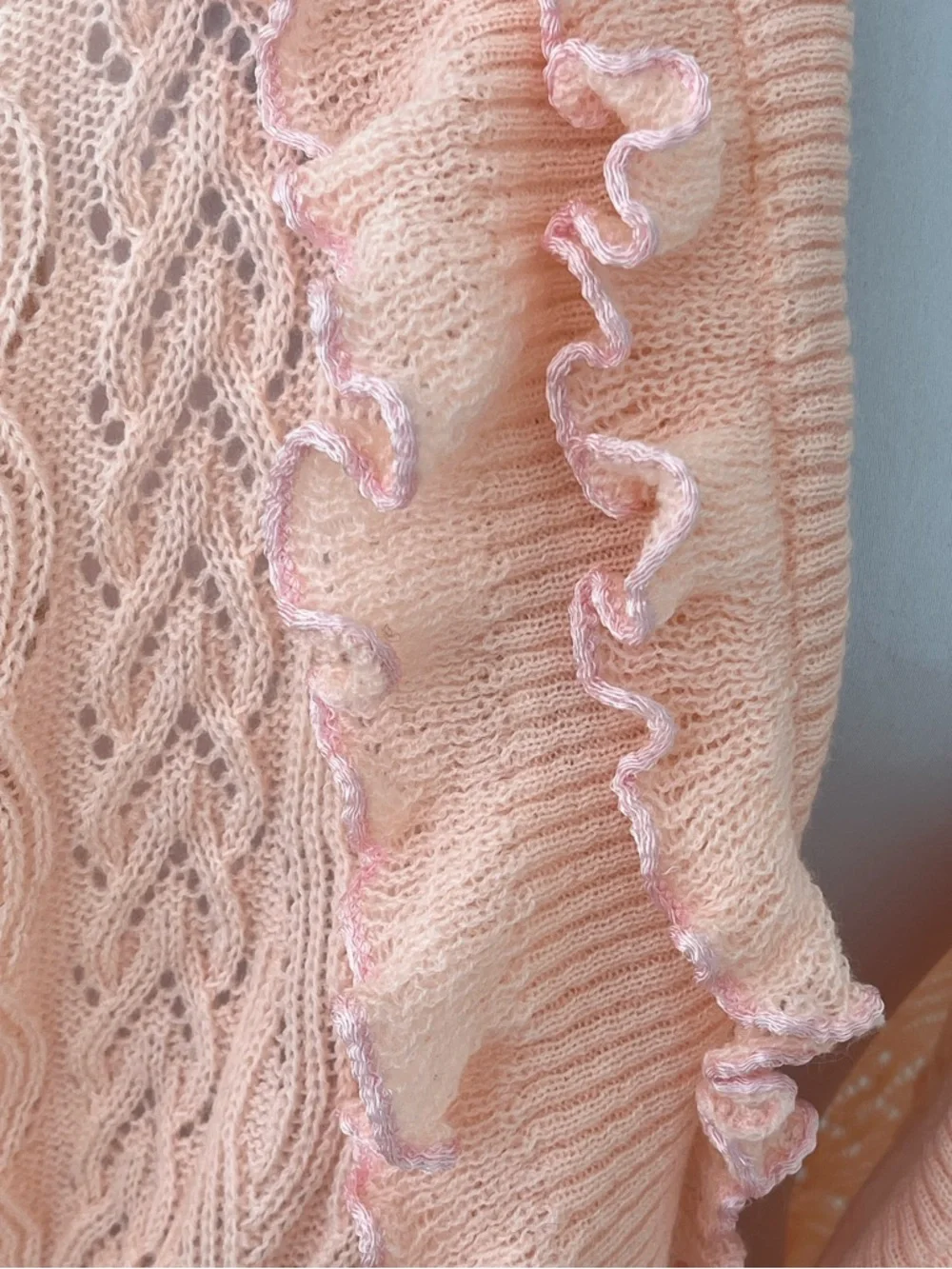 VINTAGE Eaton Batwing Lacy Cable Knit Cardigan Ruffles Feminine Romantic 70's - Picture 11 of 17